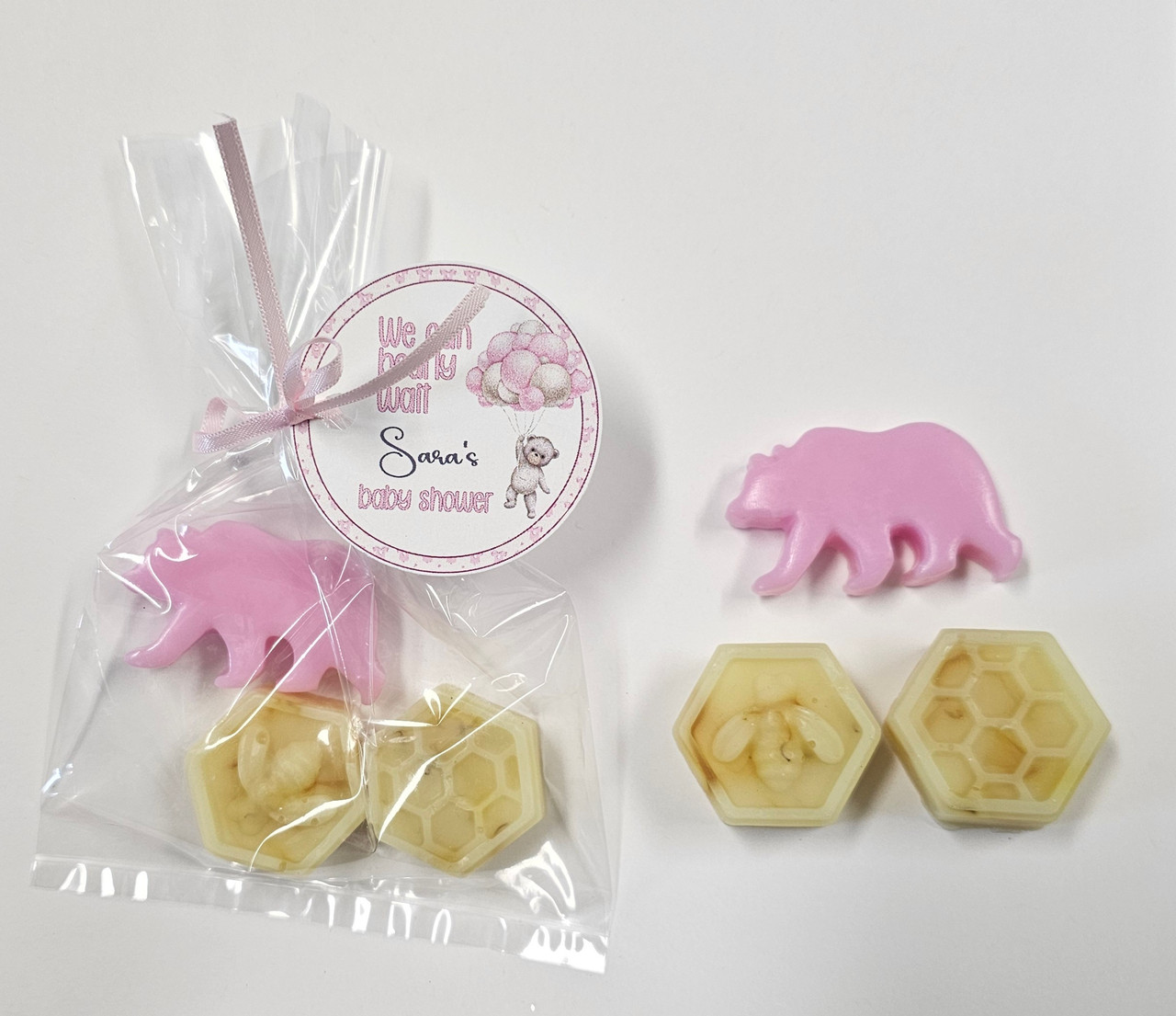 bear with bee soap party favor with personalized tags